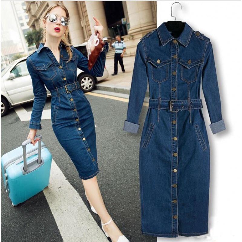 GraceChic Factory Direct Sale European And American New Style Sexy Sleeve One-Button Denim Plus Size Long Dress_voghion.com