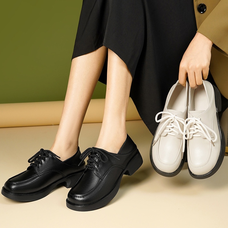 Mocassini in vera pelle con suola spessa 2024, nuovi modelli primaverili in stile britannico, scarpe basse versatili con tacco grosso e lacci per donna_voghion.com
