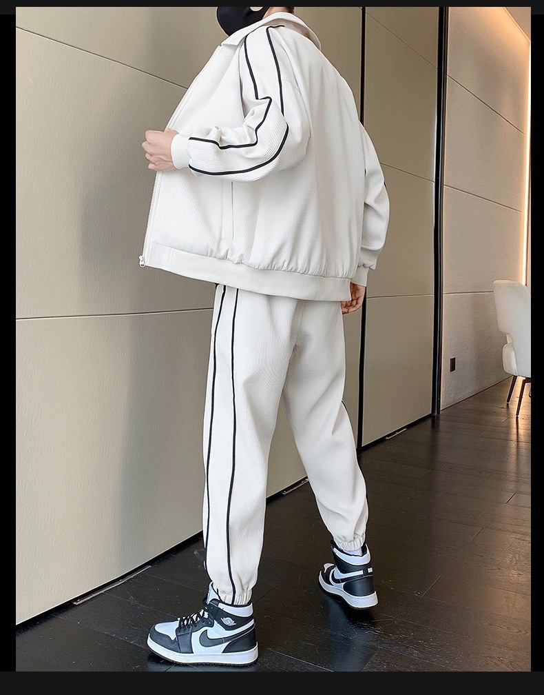001 3D Men's Spring And Autumn Waffle Grid Casual Sports Suit Lapel Jacket Jogger Pants Two-Piece Set_voghion.com
