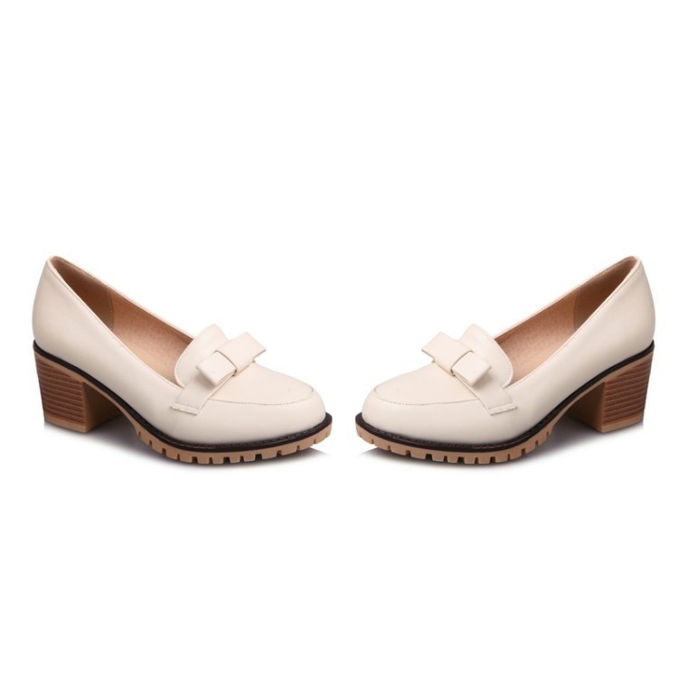 Mocassins com laço, bico redondo, abertura rasa, modelo único, salto médio, estilo europeu e americano, tamanho grande, para mulheres._voghion.com