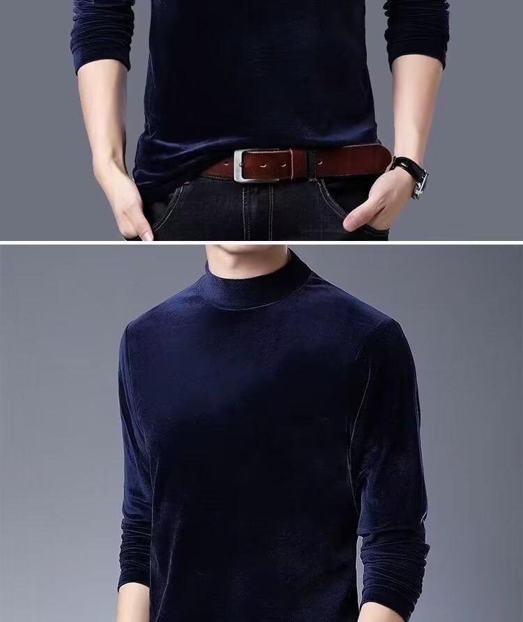 Maglietta a maniche lunghe in velluto, strato di base termico, per autunno e inverno, da uomo, con fodera in pile, spessa e a collo alto_voghion.com