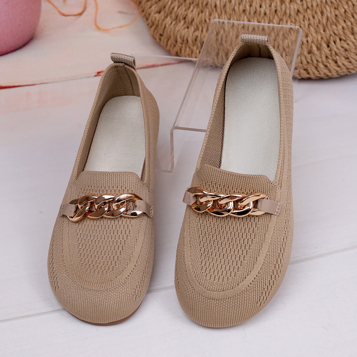 European And American Foreign Trade Large Size Chain Flat Shallow Mouth Single Shoes For Women Cross-Border Wide Toe Fly_voghion.com