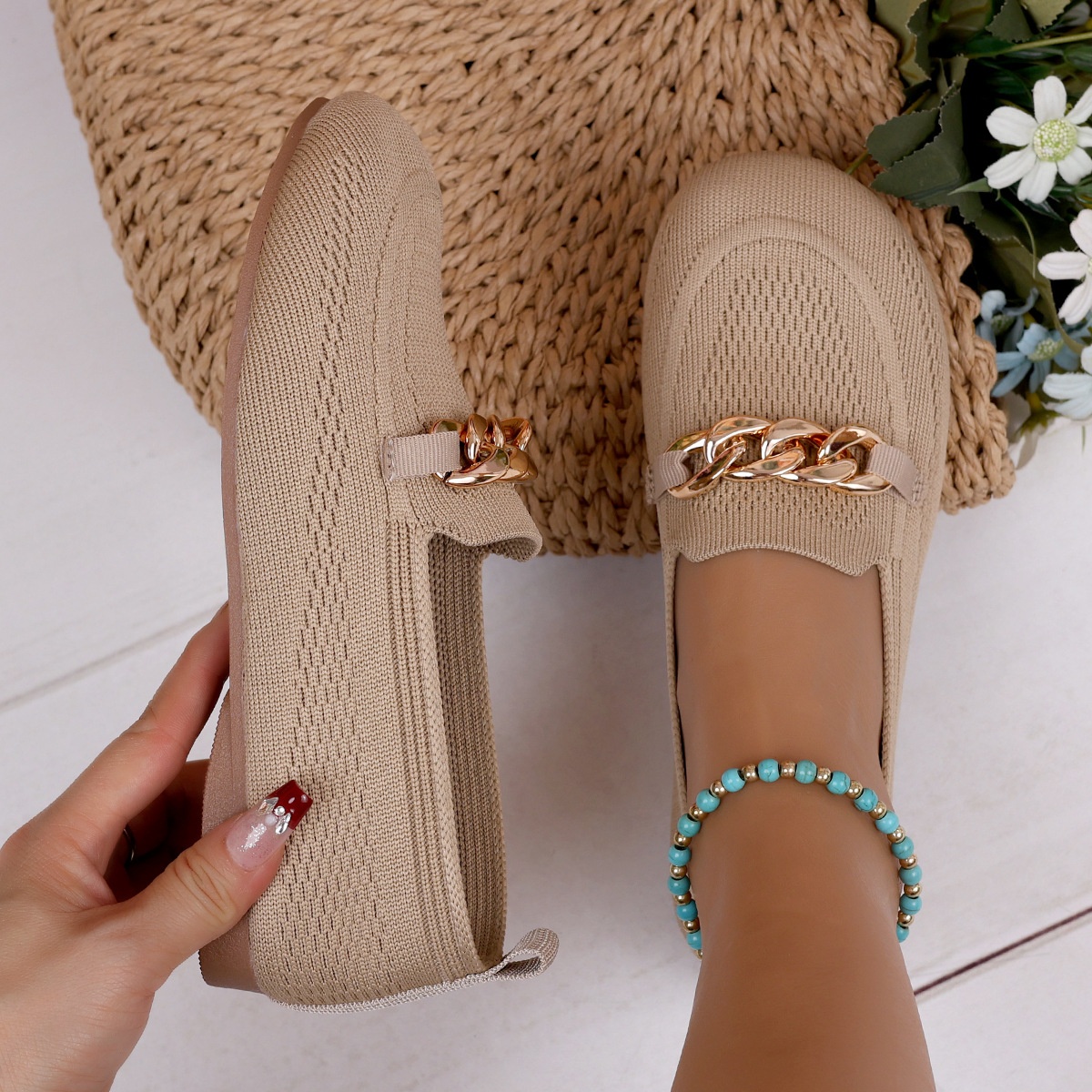 European And American Foreign Trade Large Size Chain Flat Shallow Mouth Single Shoes For Women Cross-Border Wide Toe Fly_voghion.com