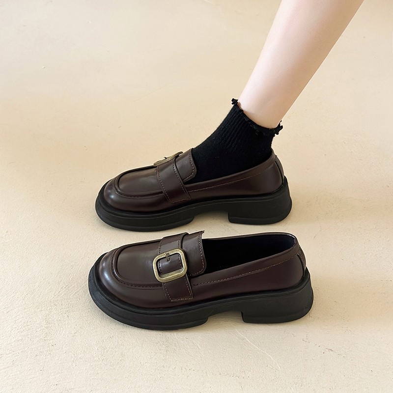 Herfst Nieuwe Zwarte Leren Instappers Voor Dames Dikke Zolen Mary Jane Schoenen_voghion.com