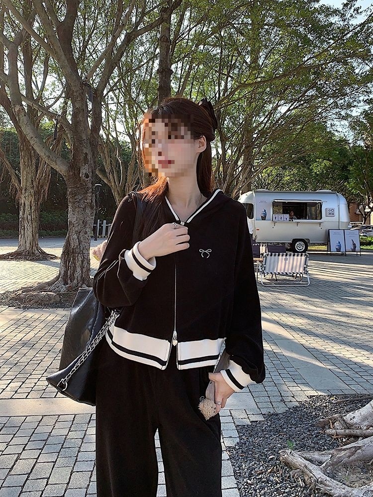 001 Modieus sportpak voor dames, lente en herfst, Koreaanse stijl, losse hoodie met capuchon, casual tweedelig setje_voghion.com