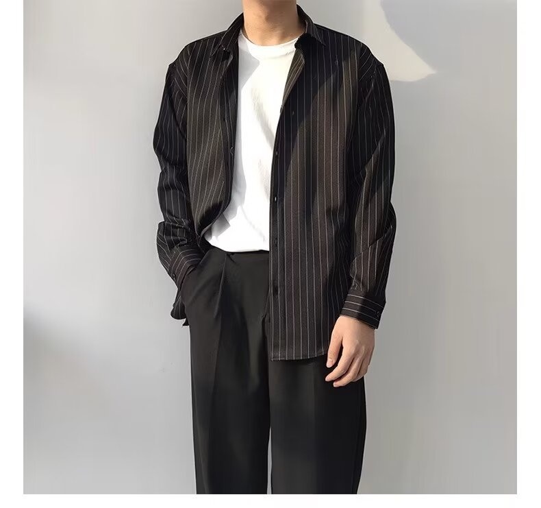ForMen 2023 Spring Summer High-End Dark Green Striped Men Long Sleeve Loose Silky Non-Iron Casual Shirt Trendy_voghion.com