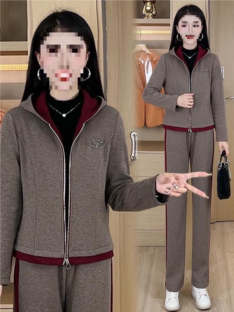 001 Autumn Winter New Fashionable Elegant Casual Sports Loose Slimming Fleece Thickened Two-Piece Women's Set_voghion.com