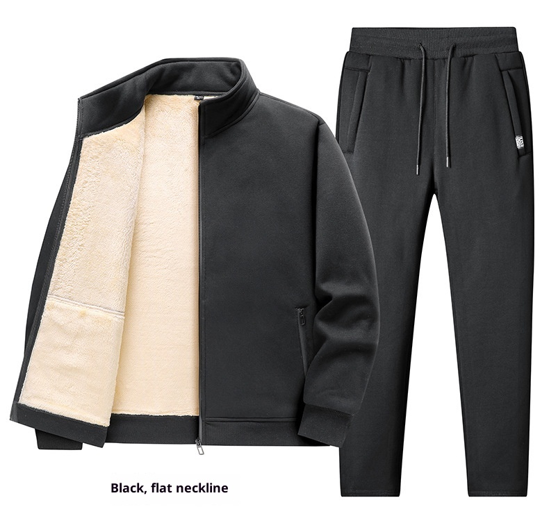 001 Fleece-Lined Thickened Lamb Wool Sports Suit For Men, Casual Stand Collar Sweatshirt, Running Nine-Point Long Pants,_voghion.com