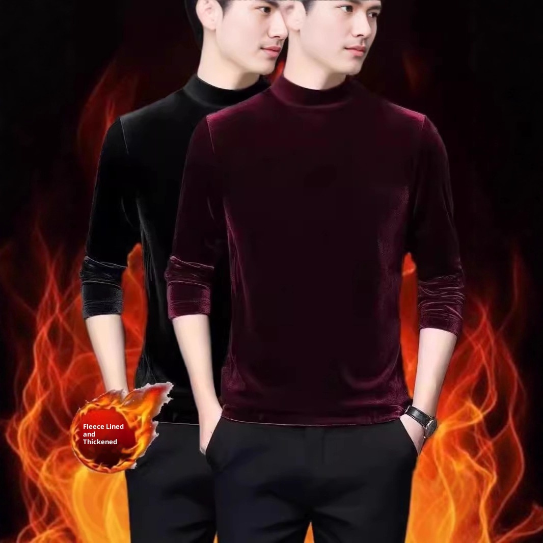 Maglietta a maniche lunghe in velluto, strato di base termico, per autunno e inverno, da uomo, con fodera in pile, spessa e a collo alto_voghion.com