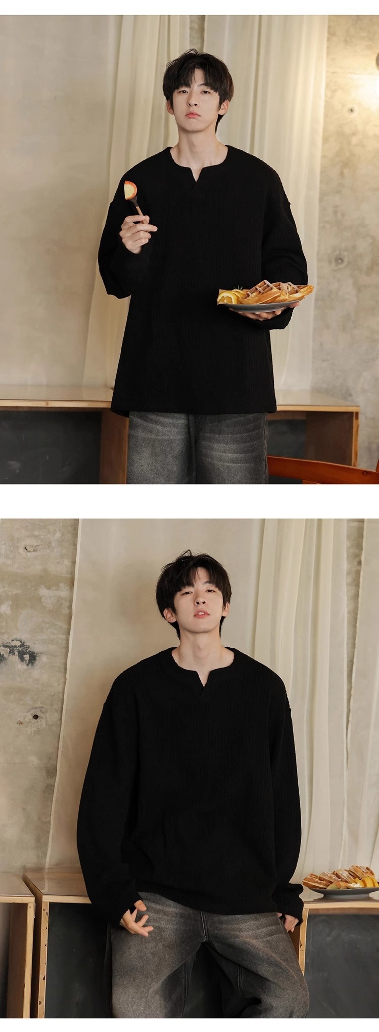 Maglietta a maniche lunghe con scollo a V e trama piccola per uomo, 2025, nuova base interna in stile coreano, stile allentato e pigro, primavera e autunno_voghion.com