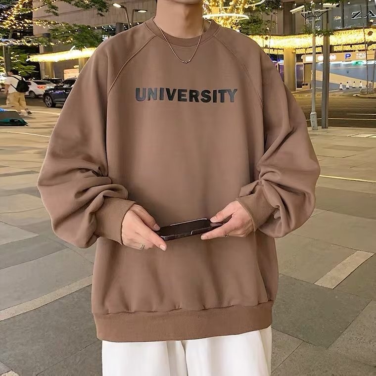 boy Men's Hoodless Crew Neck Zhongshan Sweatshirt Fleece Lined Thickened Autumn Winter Base Shirt Loose Long Sleeve T-Shirt_voghion.com