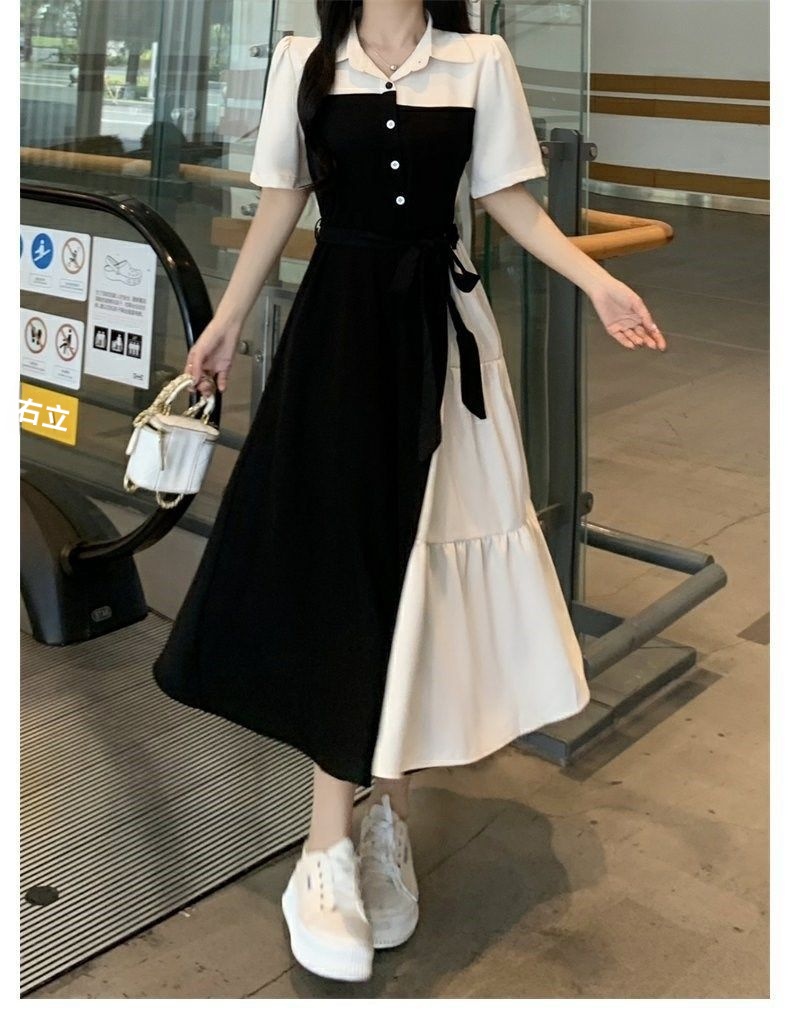 GraceChic Plus Size Color Block Patchwork Two-Piece Shirt Women Summer New For Chubby MM Waist Slimming Hepburn Style Long_voghion.com