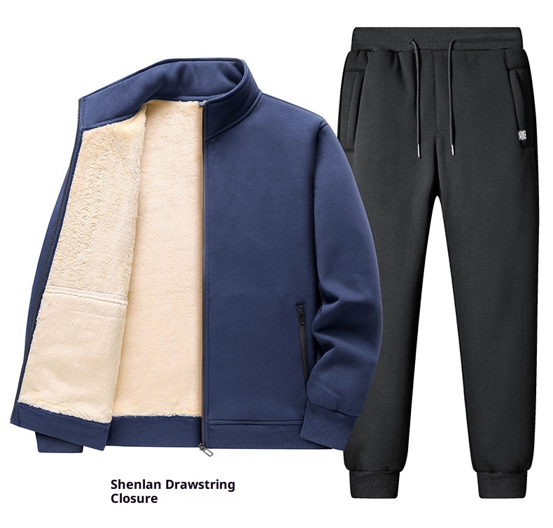001 Fleece-Lined Thickened Lamb Wool Sports Suit For Men, Casual Stand Collar Sweatshirt, Running Nine-Point Long Pants,_voghion.com