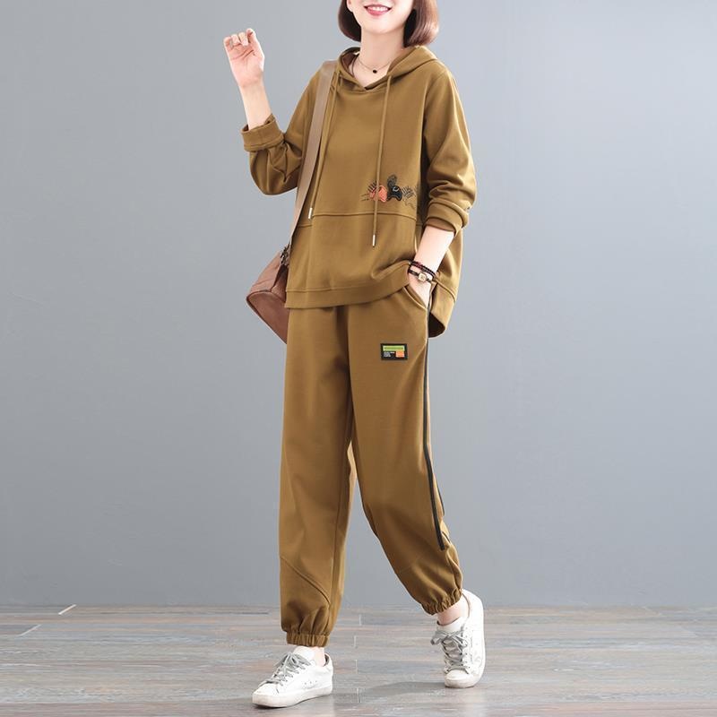 001 Autumn Winter New Fleece-Lined Thickened Korean Style Plus Size Concealing Sports Two-Piece Hooded Casual Fashion Set_voghion.com