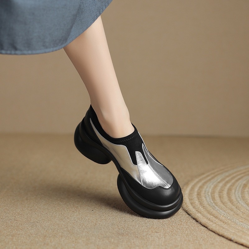 2024 Scarpe da donna in pelle con tacco alto singolo e punta tonda, mocassini con suola spessa e tacco grosso, stile britannico, primavera autunno_voghion.com