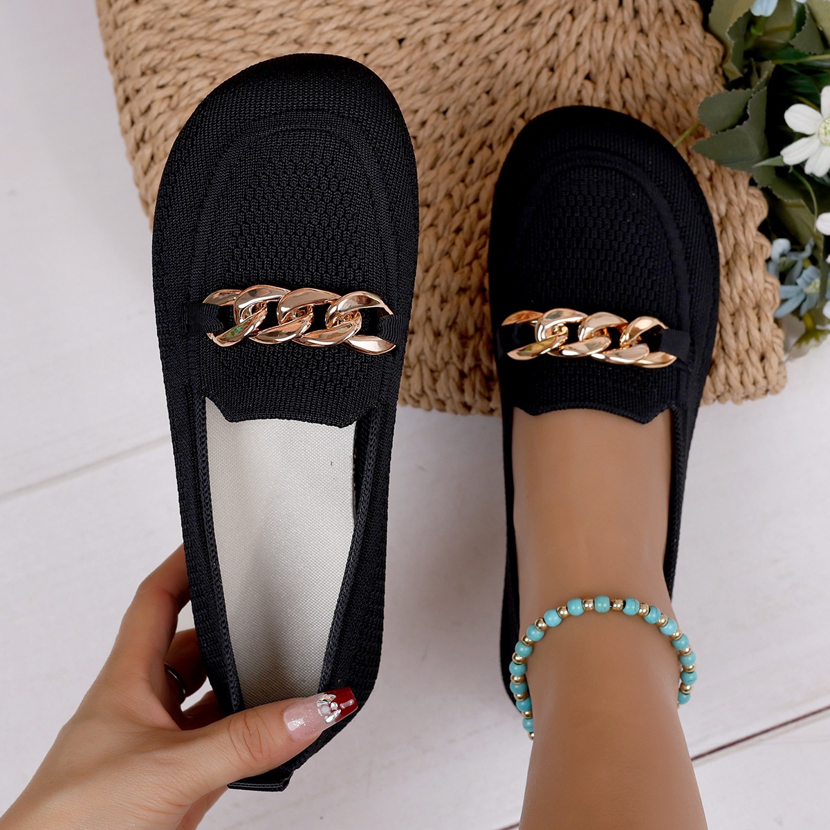 European And American Foreign Trade Large Size Chain Flat Shallow Mouth Single Shoes For Women Cross-Border Wide Toe Fly_voghion.com