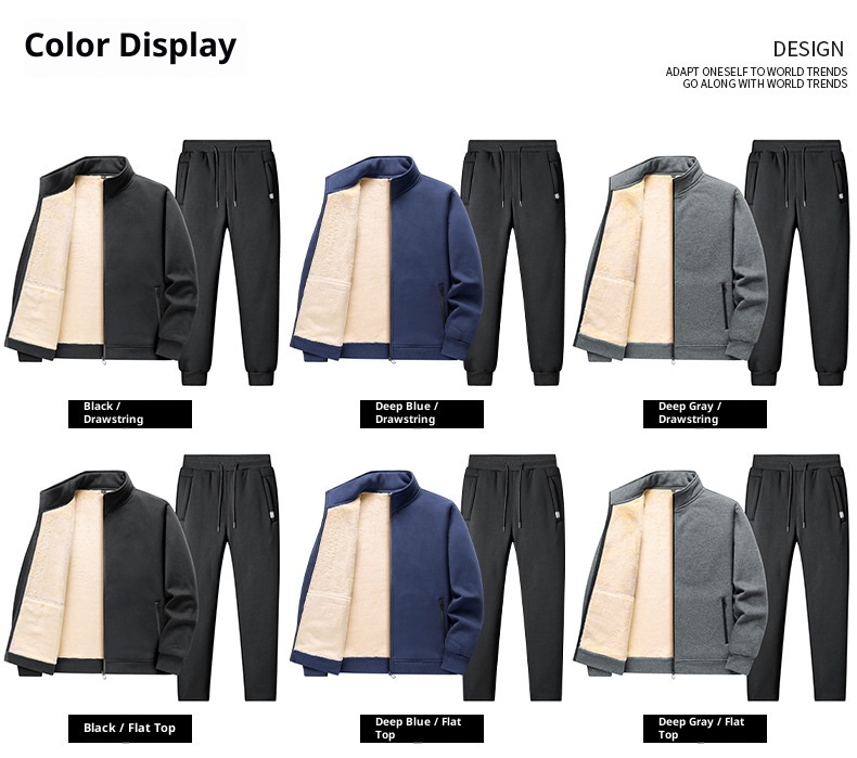 001 Fleece-Lined Thickened Lamb Wool Sports Suit For Men, Casual Stand Collar Sweatshirt, Running Nine-Point Long Pants,_voghion.com
