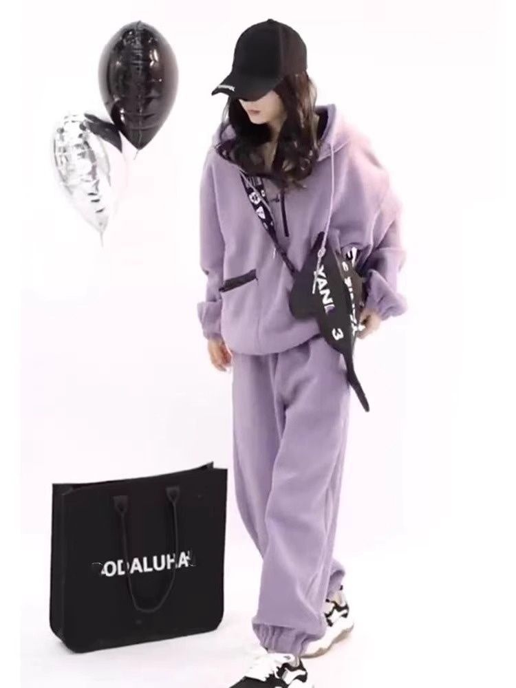 001 Purple Tracksuit Women, Autumn Winter New Loose Slimming Sweatshirt And Sweatpants, Fashionable Casual Two-Piece Set For_voghion.com
