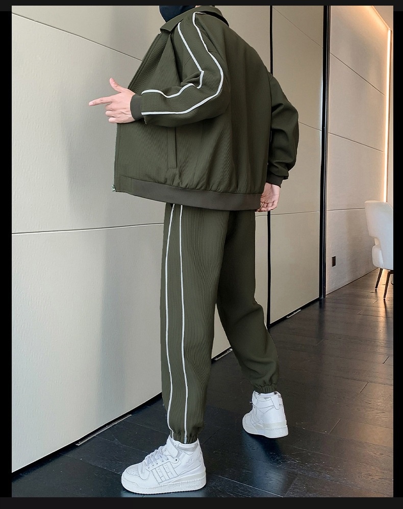 001 3D Men's Spring And Autumn Waffle Grid Casual Sports Suit Lapel Jacket Jogger Pants Two-Piece Set_voghion.com