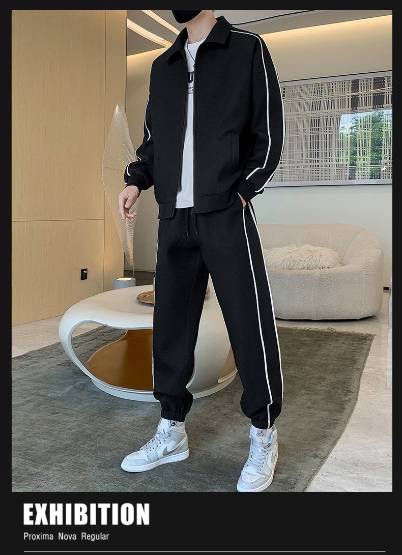 001 3D Men's Spring And Autumn Waffle Grid Casual Sports Suit Lapel Jacket Jogger Pants Two-Piece Set_voghion.com