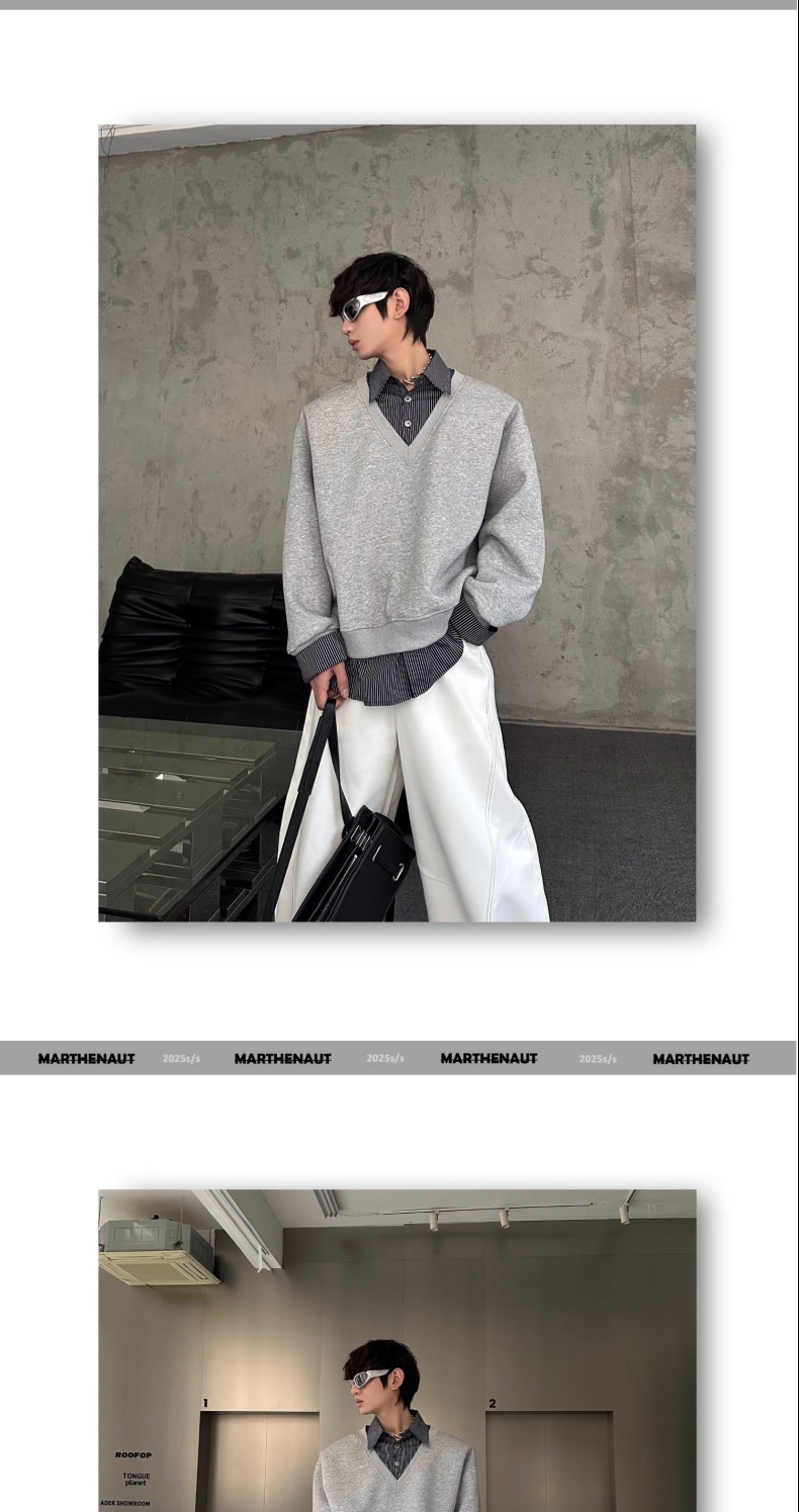 boy Boy Autumn Winter Niche Design Two-Piece Patchwork Sweatshirt Men's Korean Style Solid Color Versatile Loose Top_voghion.com