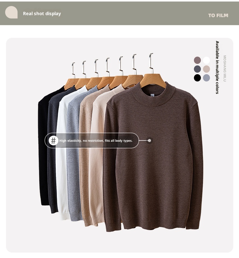 1 Maglione da uomo tinta unita 2025 Autunno Inverno Nuovo foderato in pile ispessito caldo collo medio maglietta base nera top alla moda_voghion.com