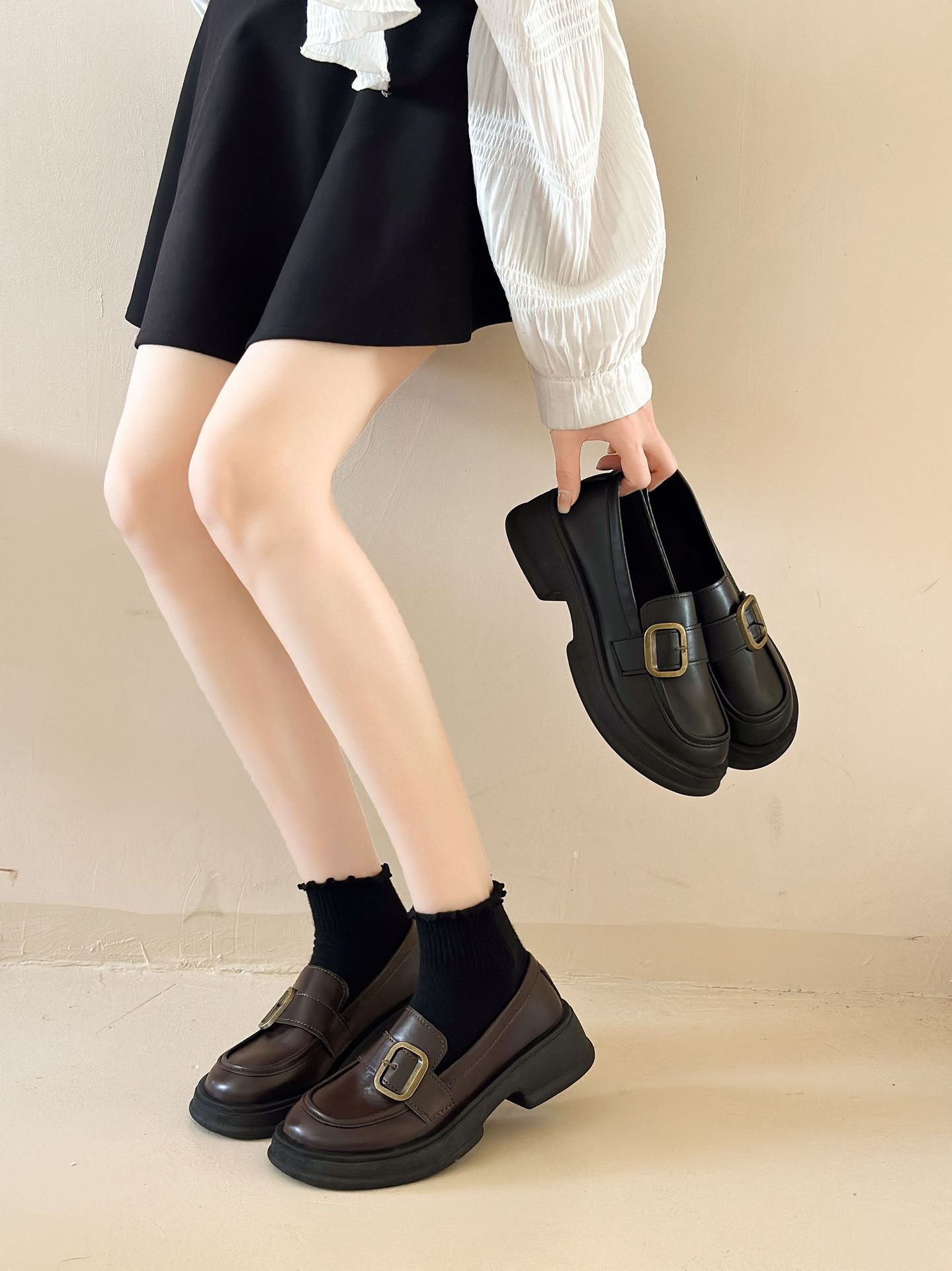 Herfst Nieuwe Zwarte Leren Instappers Voor Dames Dikke Zolen Mary Jane Schoenen_voghion.com