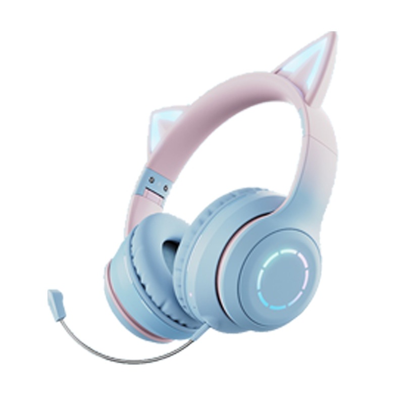 Auriculares inalámbricos Bluetooth 3c con orejas de gato, ideales para juegos, con luz, diseño degradado de color, compatibles con teléfono y ordenador._voghion.com