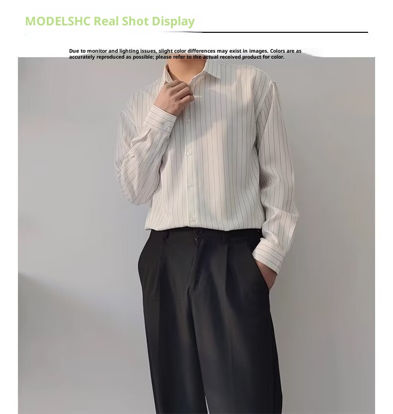 ForMen 2023 Spring Summer High-End Dark Green Striped Men Long Sleeve Loose Silky Non-Iron Casual Shirt Trendy_voghion.com