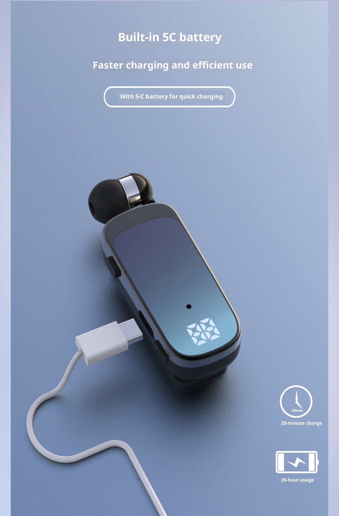 3c K65 New Clip-on Telescopic Cord Bluetooth In-ear Digital Display Long Battery Life Business Single Ear Earphones_voghion.com