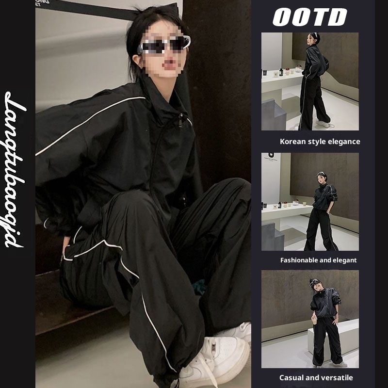 001 Black Tracksuit For Women, Autumn Trendy American Style Casual Loose Slimming Jacket And Wide-Leg Pants Two-Piece Set_voghion.com