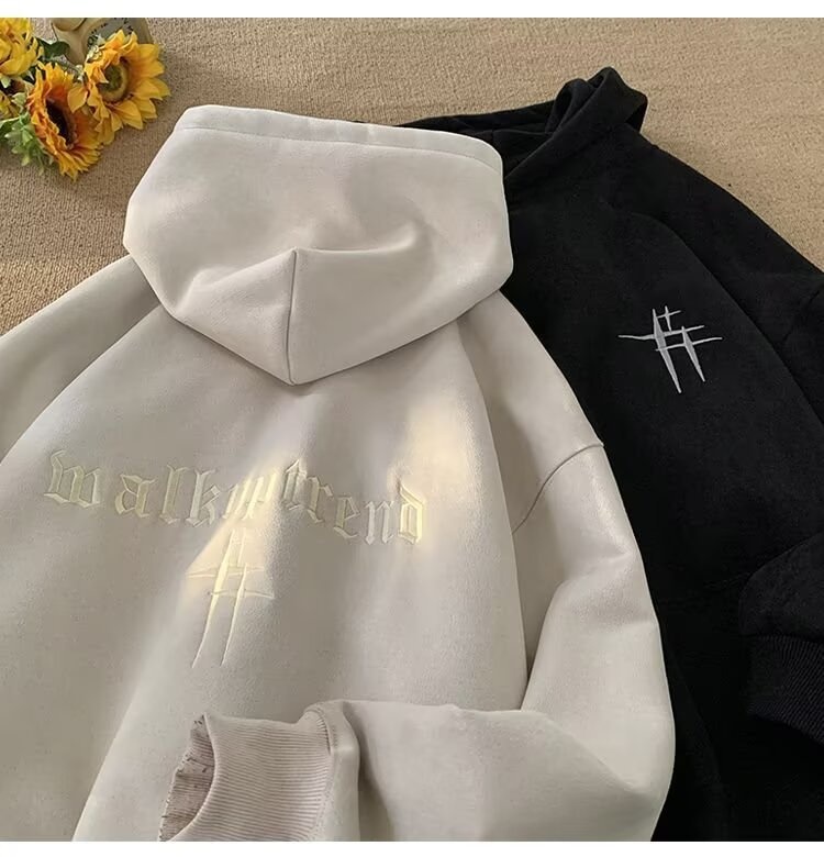 boy Heavyweight Suede Embroidered Sweatshirt For Men, Autumn American Trendy Brand Versatile Hoodie, High Street Lazy Style_voghion.com