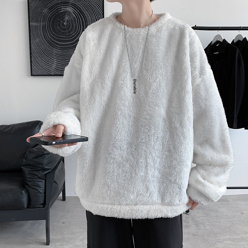 boy Y25Pexrozna Trendy Brand Autumn Winter Couple Lamb Wool Men Fleece Warm Round Neck Sweatshirt Loose Jacket_voghion.com