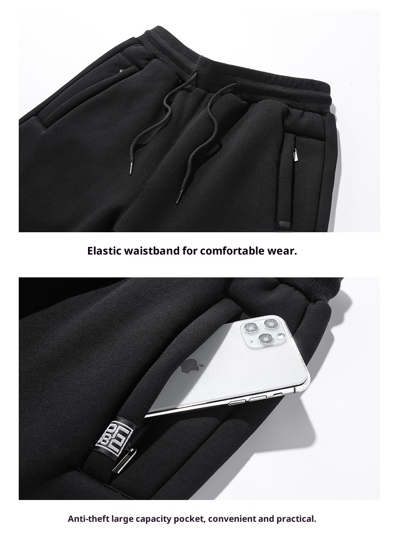 001 Fleece-Lined Thickened Lamb Wool Sports Suit For Men, Casual Stand Collar Sweatshirt, Running Nine-Point Long Pants,_voghion.com