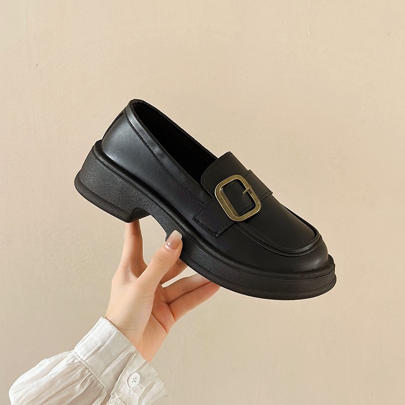 Herfst Nieuwe Zwarte Leren Instappers Voor Dames Dikke Zolen Mary Jane Schoenen_voghion.com