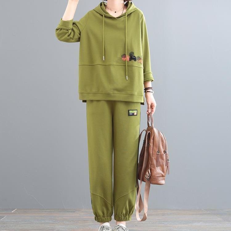 001 Autumn Winter New Fleece-Lined Thickened Korean Style Plus Size Concealing Sports Two-Piece Hooded Casual Fashion Set_voghion.com