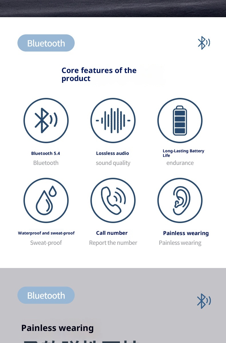 Écouteurs intra-auriculaires Bluetooth sans fil 3c Cross-Border M-C8 avec crochet d'oreille, longue autonomie, étanches, pour le sport et réduction de bruit (Huaqiangbei)_voghion.com