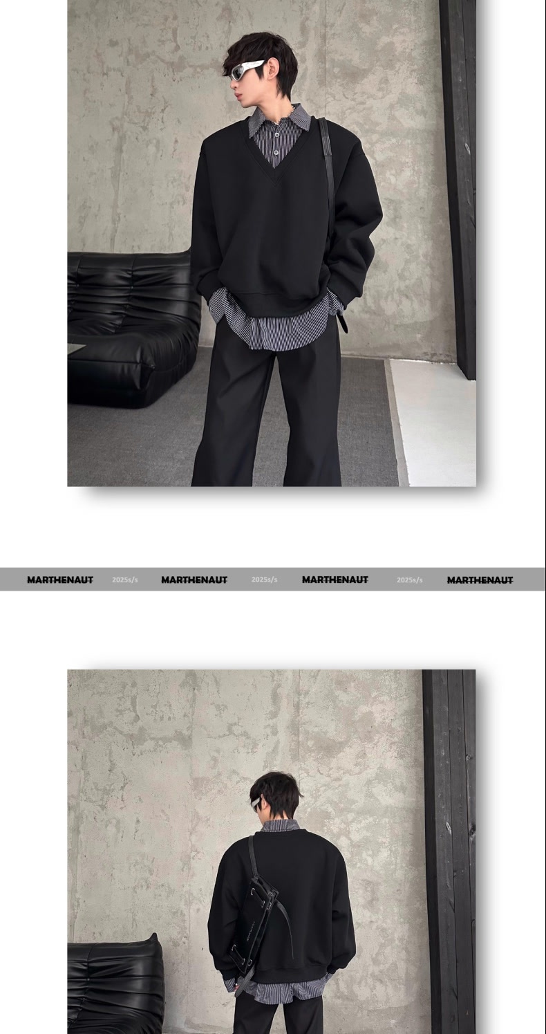 boy Boy Autumn Winter Niche Design Two-Piece Patchwork Sweatshirt Men's Korean Style Solid Color Versatile Loose Top_voghion.com