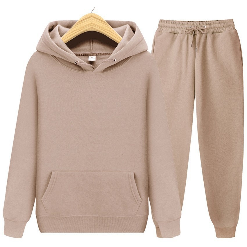 001 New Solid Color Spring And Autumn Hooded Pullover Sports Tracksuit Fleece Men's Sweatshirt Set_desvips.com