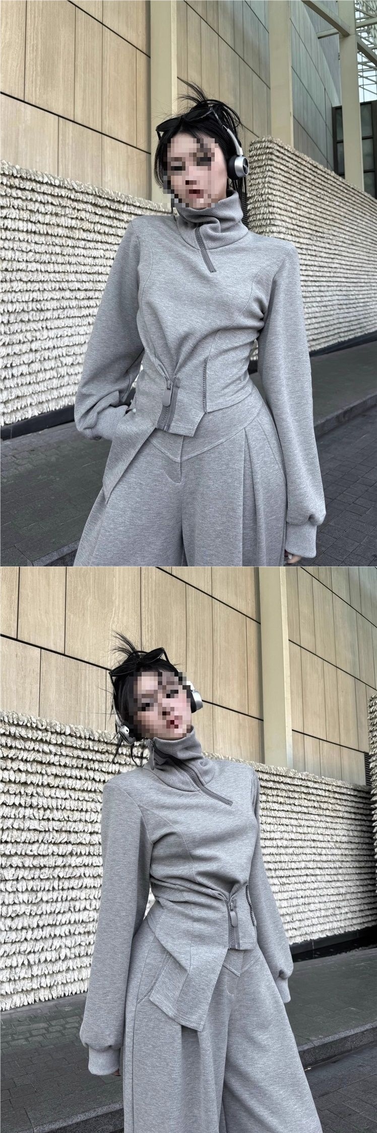 001 Spring And Autumn New Korean Plus Size Niche Design Sports Style Gray Sweatshirt Wide-Leg Pants Set For Women_voghion.com