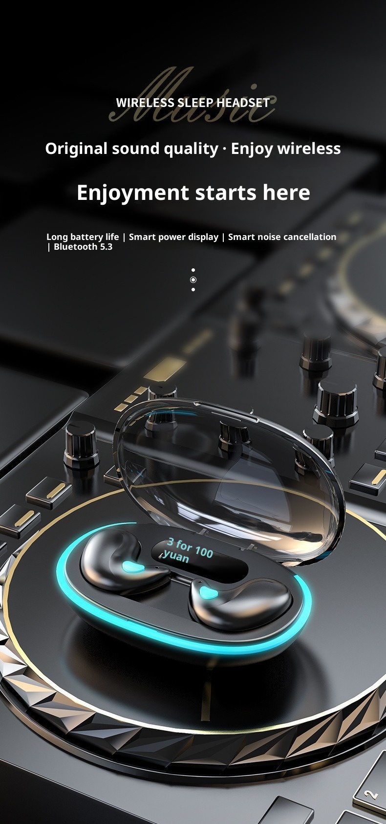 3c Bluetooth Earphones Non-In-Ear Sleep Long-Wear No Pain Ultra-Thin Bone Conduction Long Battery Wireless Life Waterproof_voghion.com