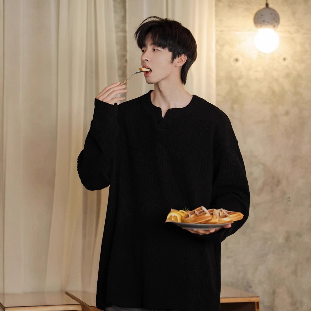 Maglietta a maniche lunghe con scollo a V e trama piccola per uomo, 2025, nuova base interna in stile coreano, stile allentato e pigro, primavera e autunno_voghion.com