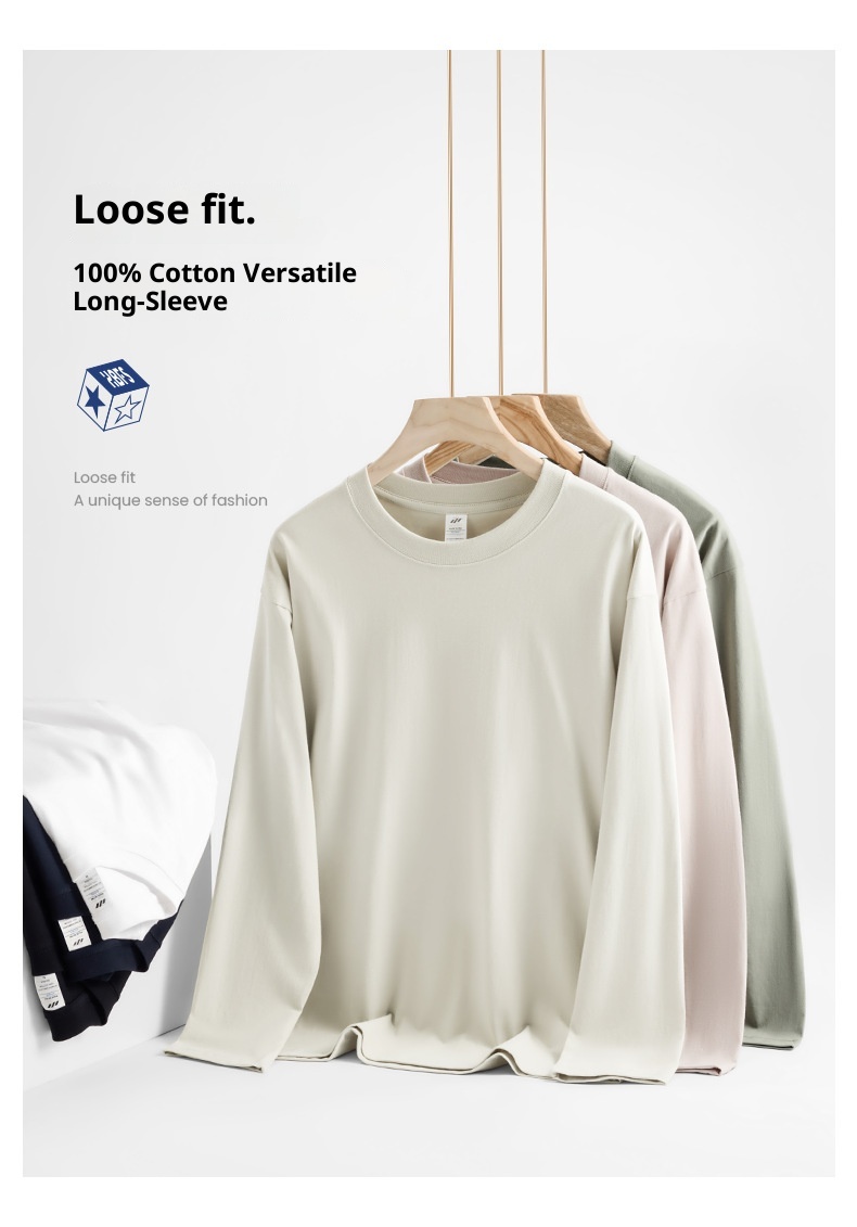 Boy Boy 230g Sonbahar Xinjiang Penye Pamuklu Ağır Sıklet Yuvarlak Yaka Düz Renk Uzun Kollu Erkek Tişörtü Bol Tabanlı Gömlek Bir_voghion.com