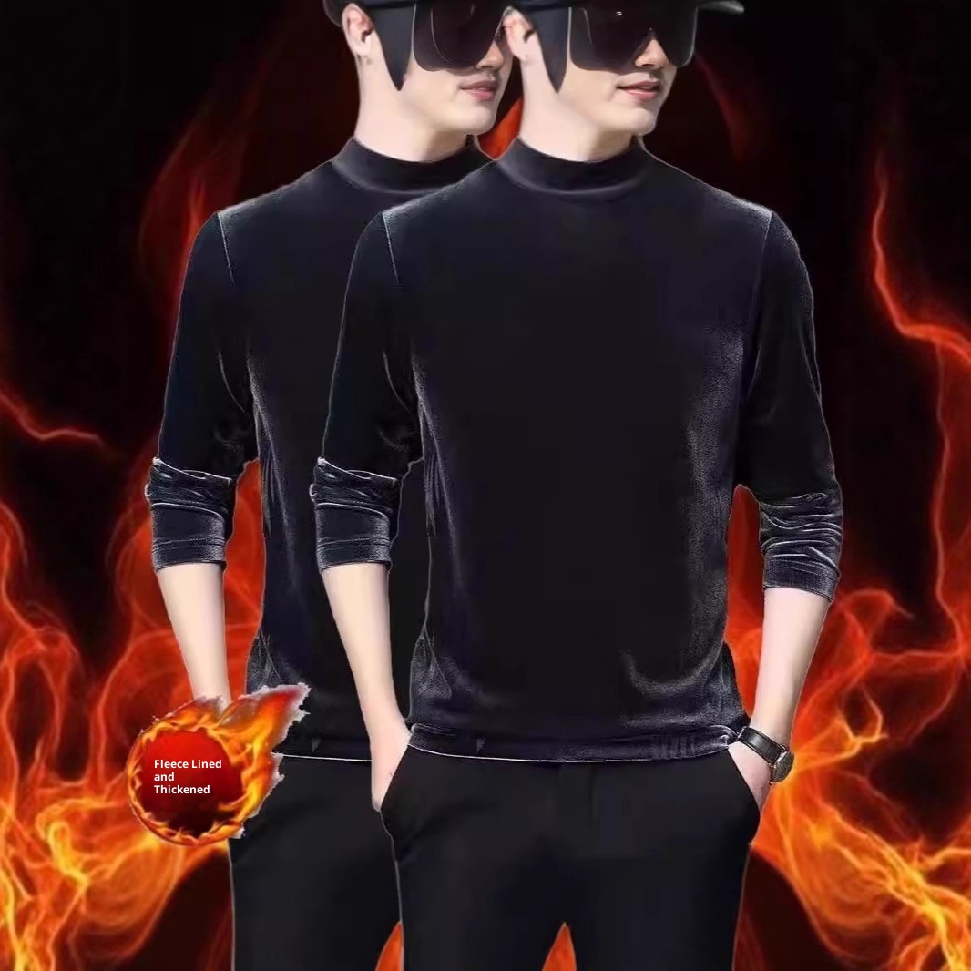 Maglietta a maniche lunghe in velluto, strato di base termico, per autunno e inverno, da uomo, con fodera in pile, spessa e a collo alto_voghion.com