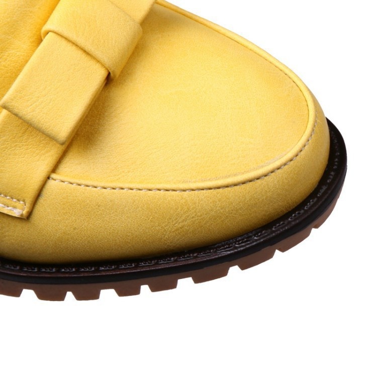 Mocassins com laço, bico redondo, abertura rasa, modelo único, salto médio, estilo europeu e americano, tamanho grande, para mulheres._voghion.com