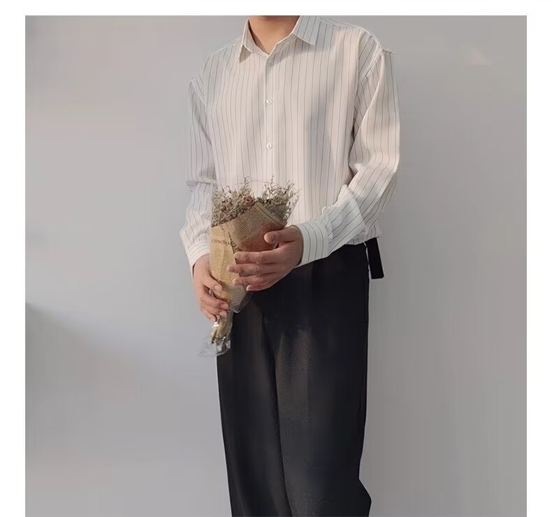 ForMen 2023 Spring Summer High-End Dark Green Striped Men Long Sleeve Loose Silky Non-Iron Casual Shirt Trendy_voghion.com