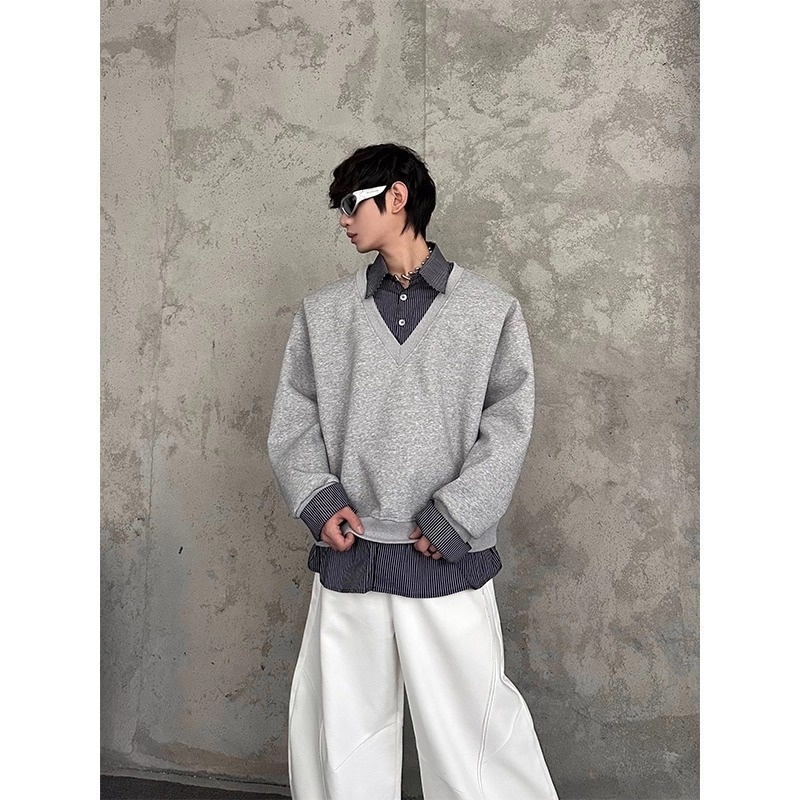 boy Boy Autumn Winter Niche Design Two-Piece Patchwork Sweatshirt Men's Korean Style Solid Color Versatile Loose Top_voghion.com