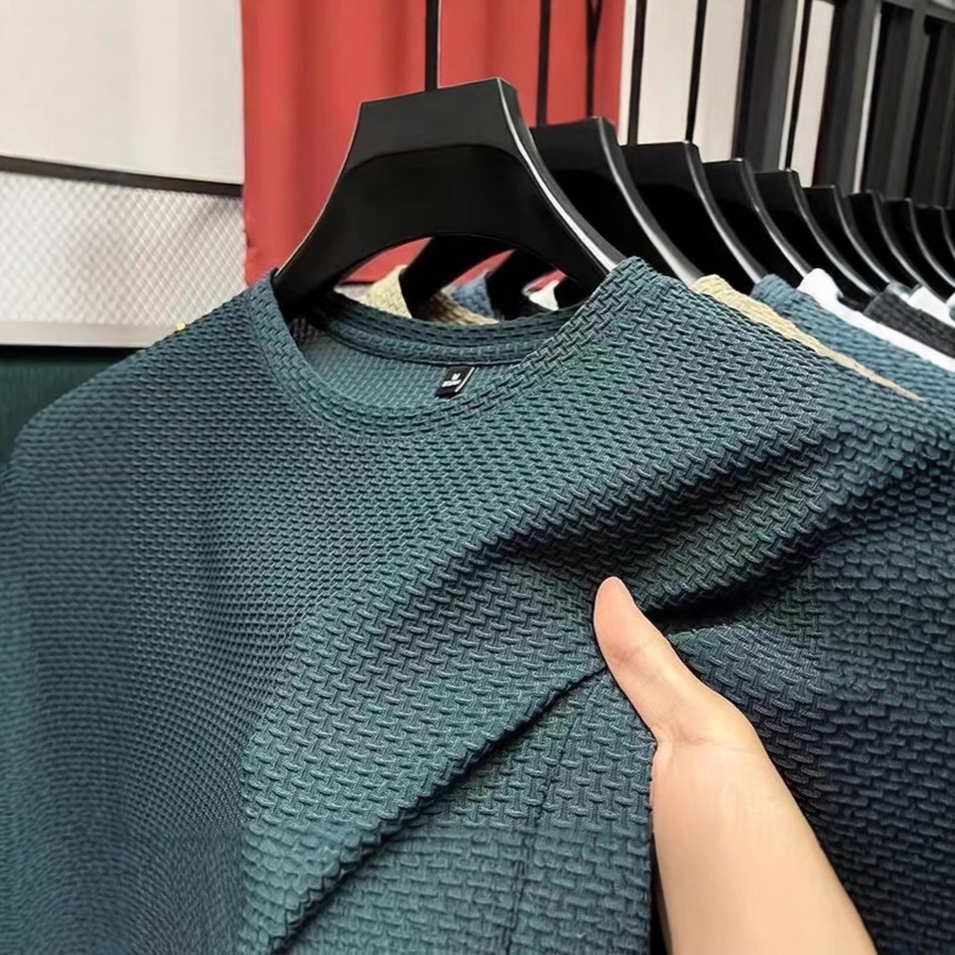 Maglietta da uomo in seta ghiacciata, manica corta, 2025, nuova estate, in jacquard di bambù, traspirante, elasticizzata, versatile_voghion.com