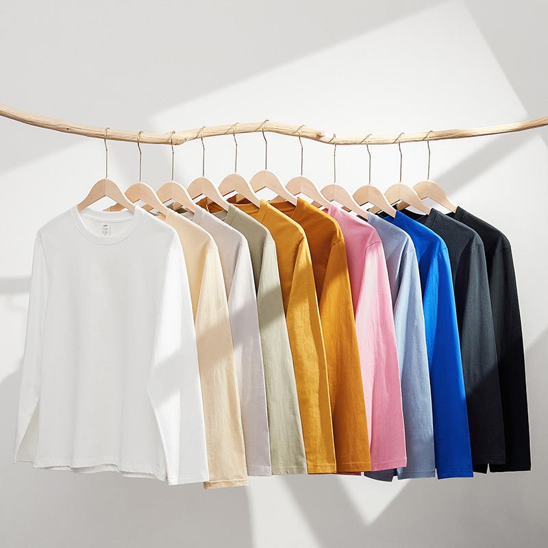 Boy Boy 230g Sonbahar Xinjiang Penye Pamuklu Ağır Sıklet Yuvarlak Yaka Düz Renk Uzun Kollu Erkek Tişörtü Bol Tabanlı Gömlek Bir_voghion.com