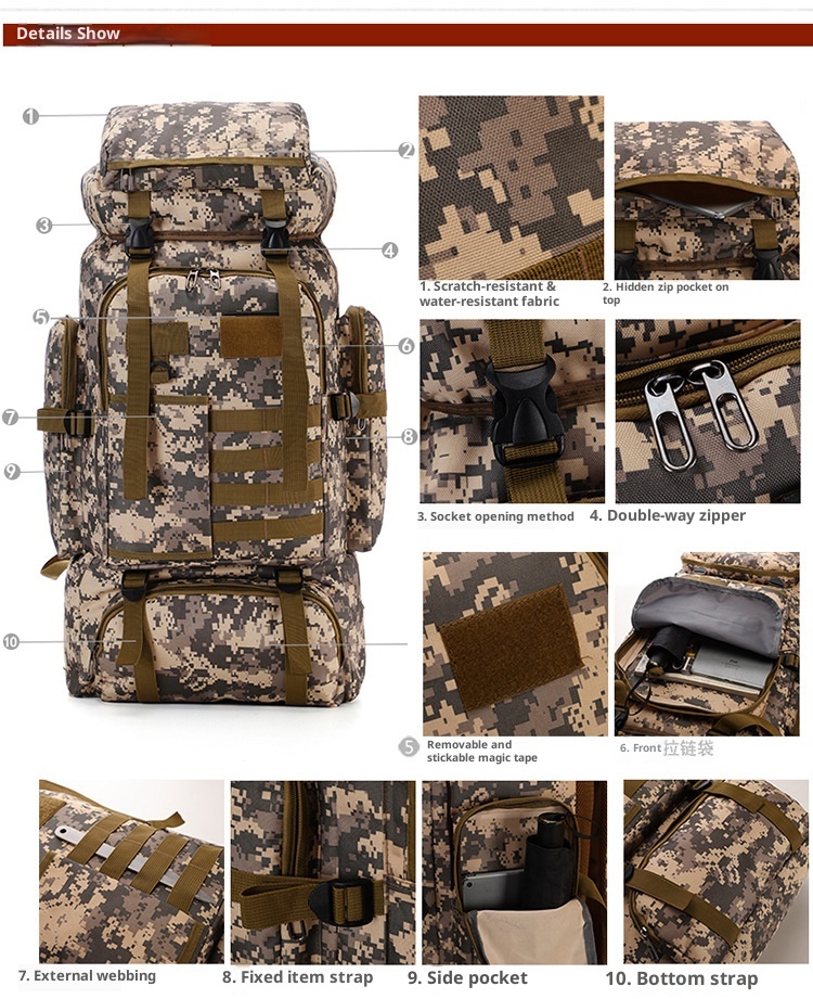 ActiveGo New 80L Tactical Camouflage Outdoor Hiking Large Capacity Waterproof Mountaineering Backpack Men Camping Travel Bag_voghion.com